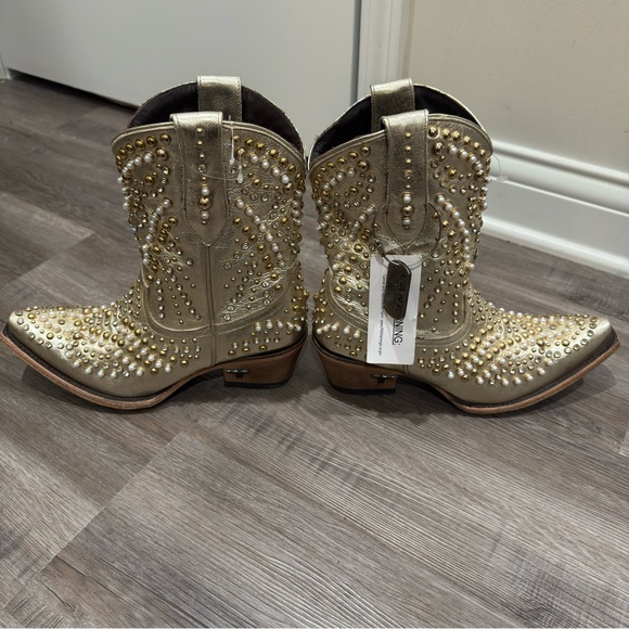 Lane Dolly Pearl Stud Jeweled Cowboy Western Metallic Gold Leather Bootie Boots - Picture 8 of 14